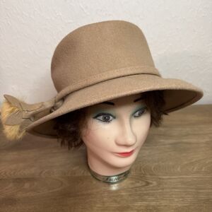 Betmar New York Wool Tan Hat Cloche faux fur pom Accent Tassels wide Brim